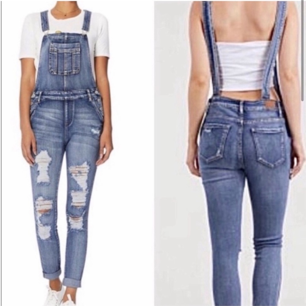 Judy Blue medium wash distressed overalls in size small backless design